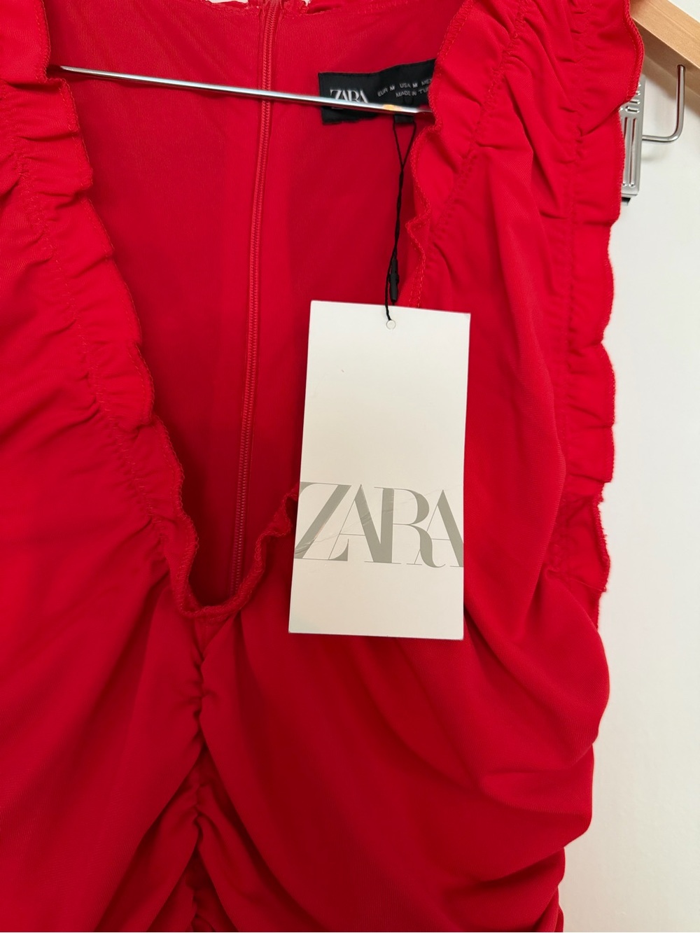 Zara Red Ruffled V-Neck Ruched Midi Dress - Picture 3 of 3